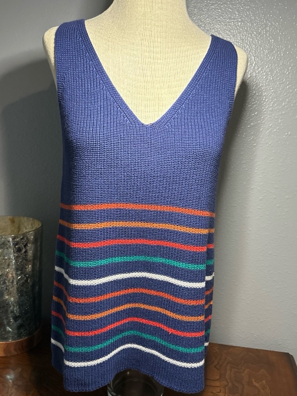 Source Unknown Blue V-Neck Sweater Tank with Multicolor Stripes